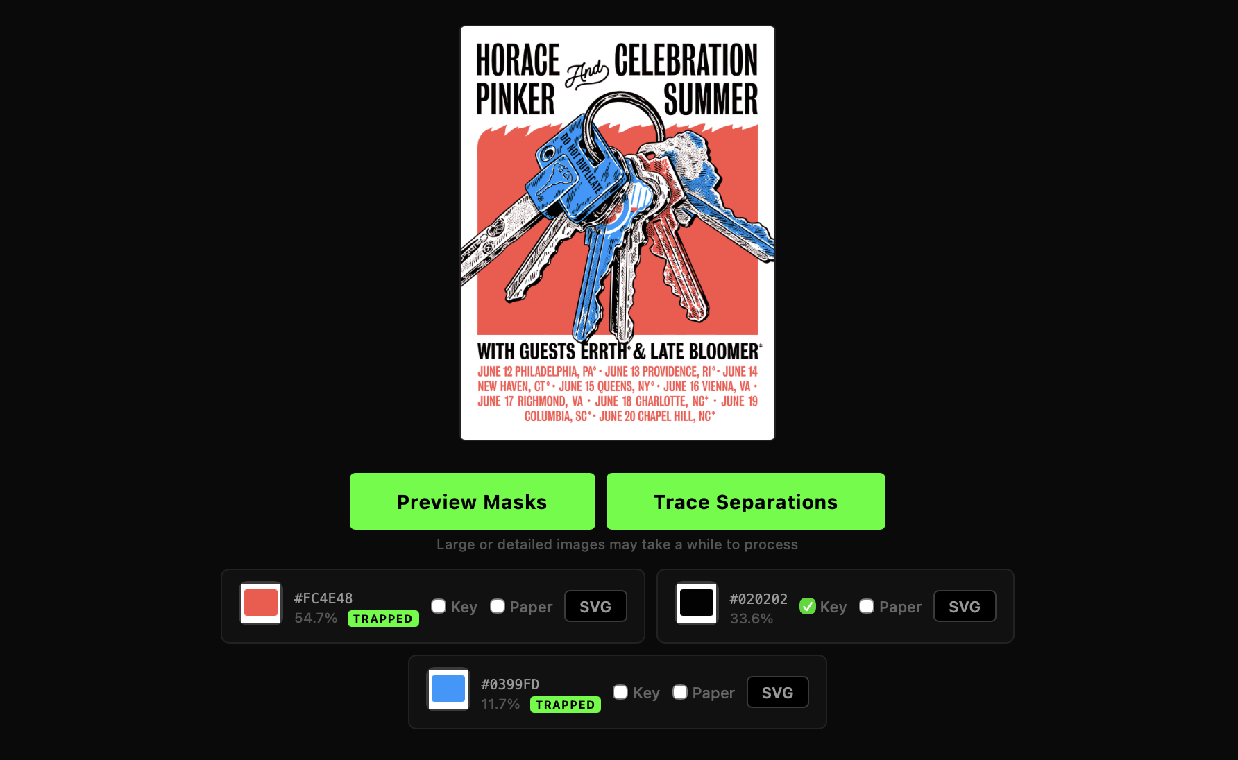 Traced color separations with per-channel SVG output